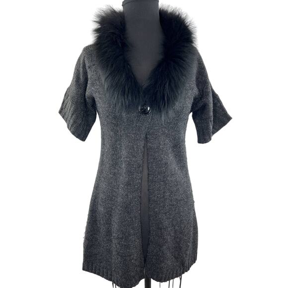 Sisters Dark Gray Wool Blend Fur Trim Short Sleeve Cardigan Sweater S Small - Picture 1 of 10